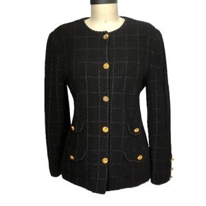 Vtg Military Academia Window Pane Textured Knit Black Gold Knit Blazer
